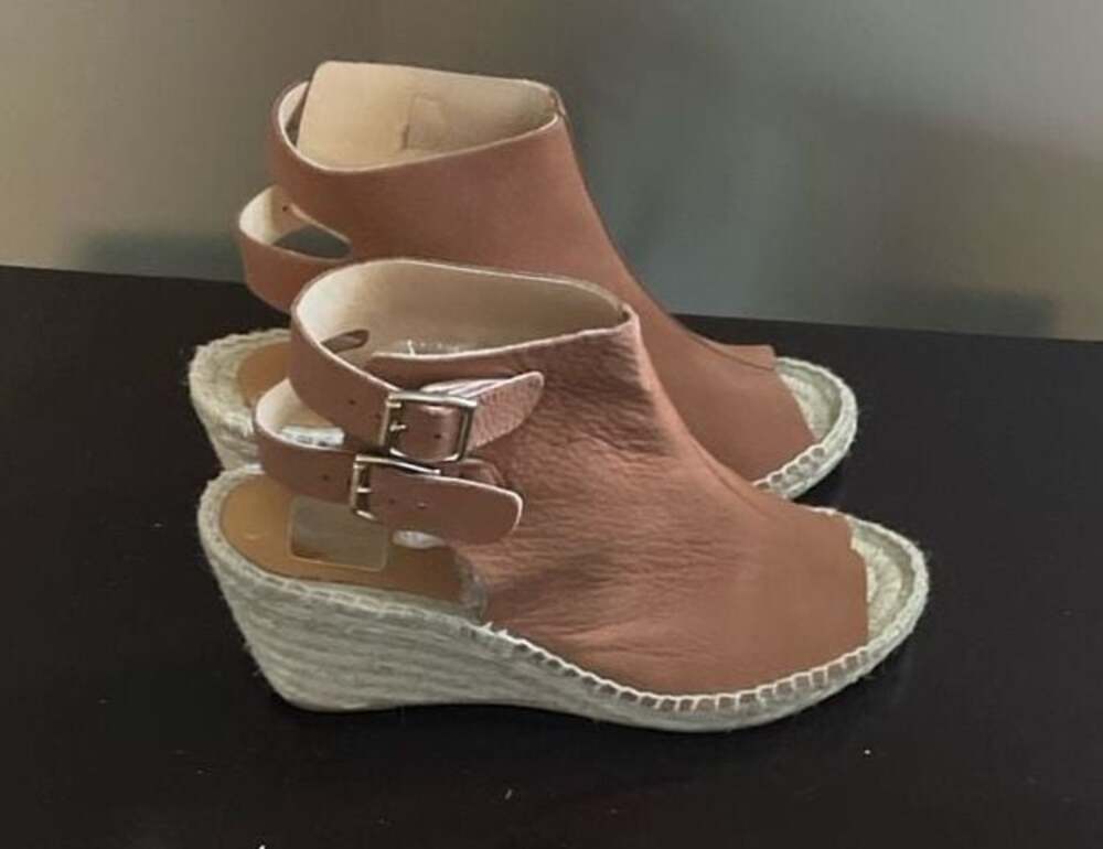 Kanna Tan Leather Peep Toe Espadrille Wedge Sandals Size 7.5 - Picture 2 of 5